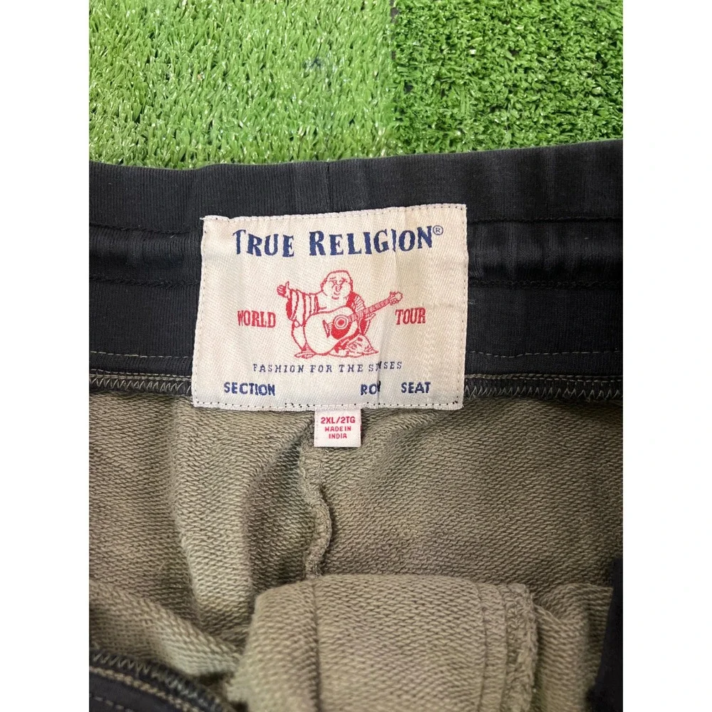 True Religion Mens 2XL Khaki Green Logo Side Stripe Jogger Sweatpants Black Tape